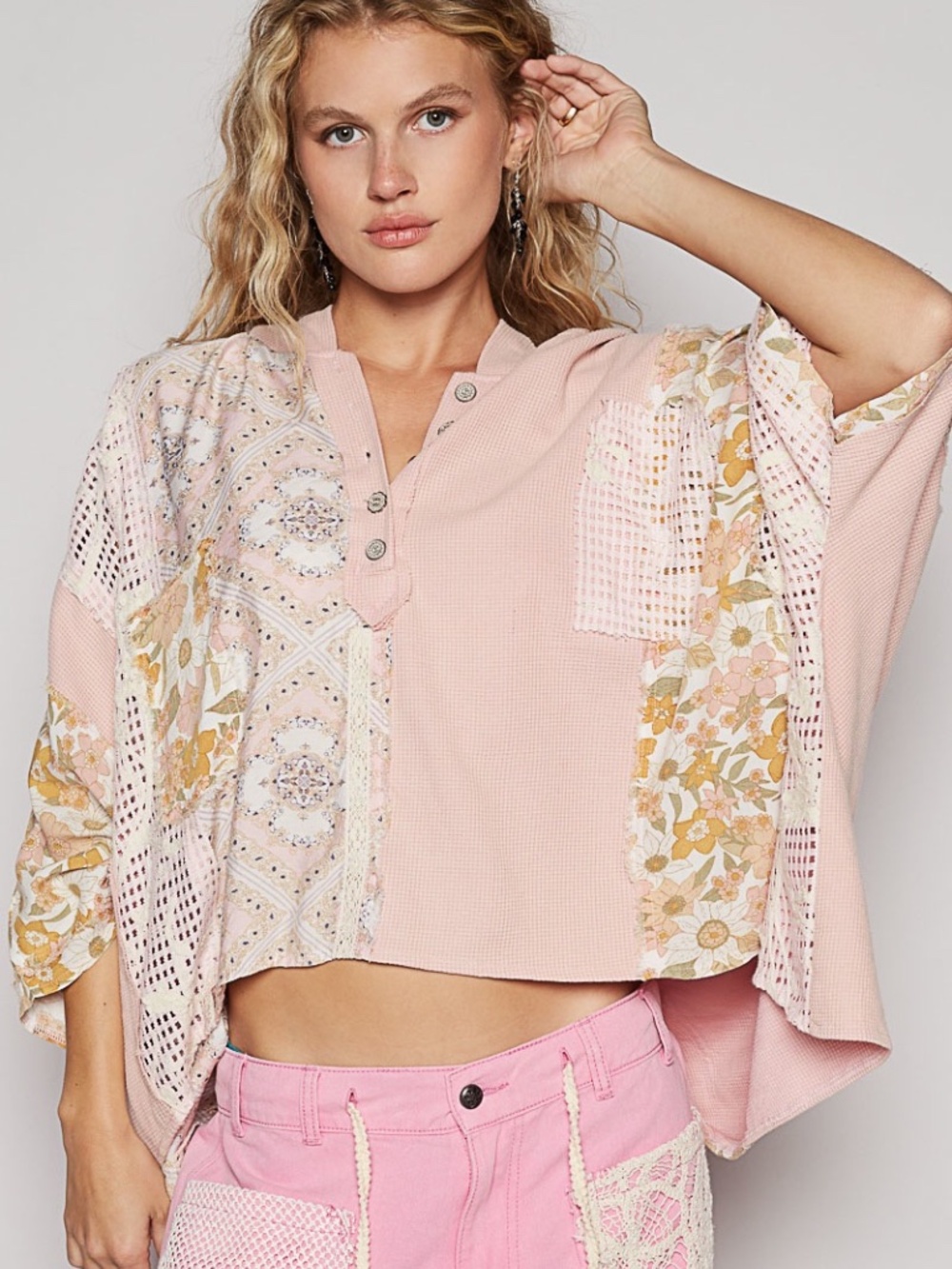 New POL Top Floral Panel Lace Half Placket Button Hoodie Oversized Top Shirt - Picture 1 of 5